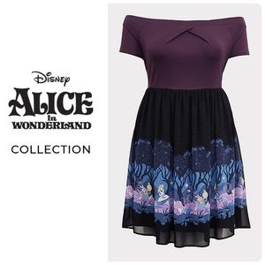 HER UNIVERSE DISNEY ALICE IN WONDERLAND KNIT-TO-WOVEN OFF SHOULDER DRESS